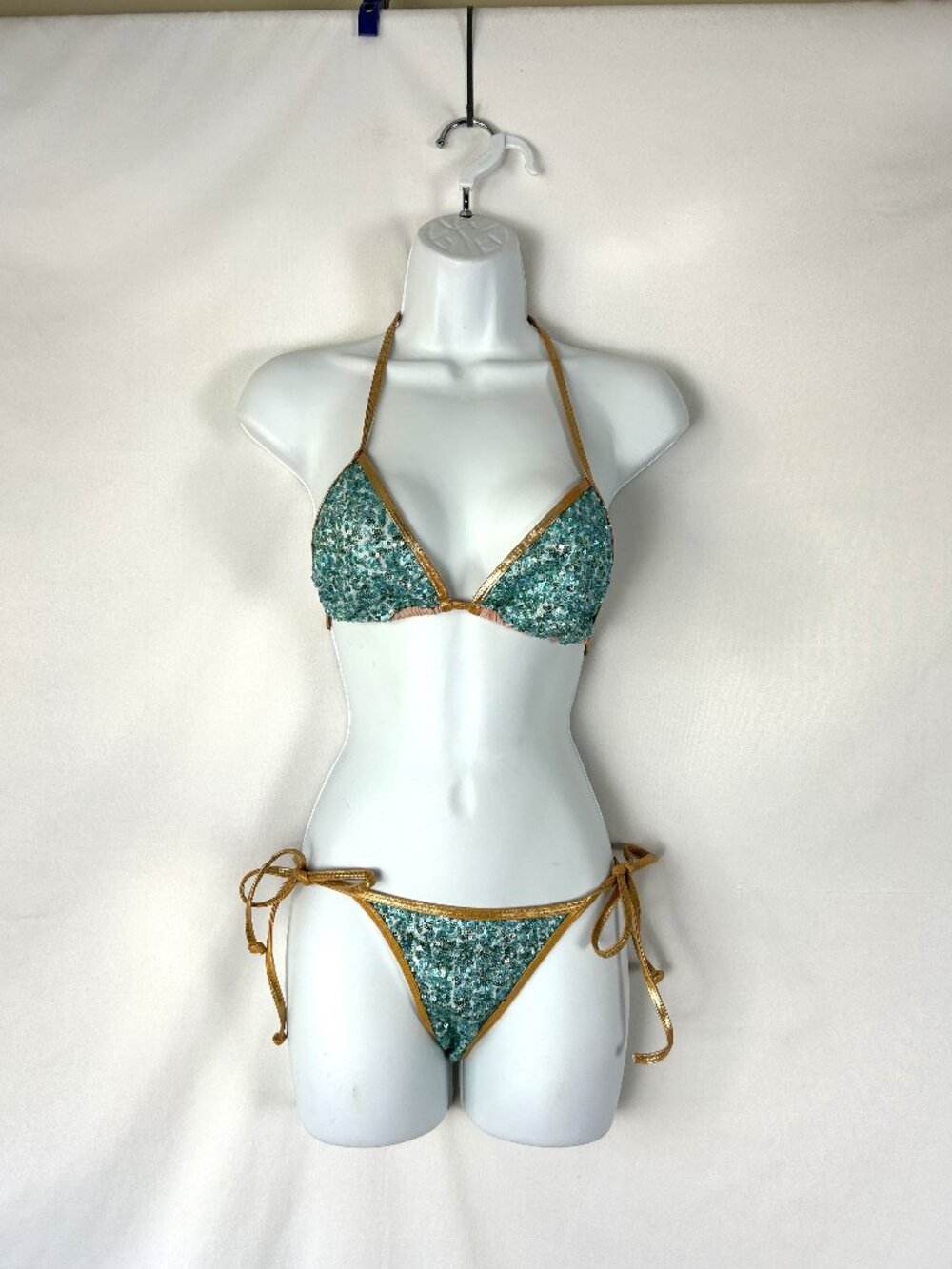 Doll & Co Sequin Mermaid String Bikini Aqua Gold S